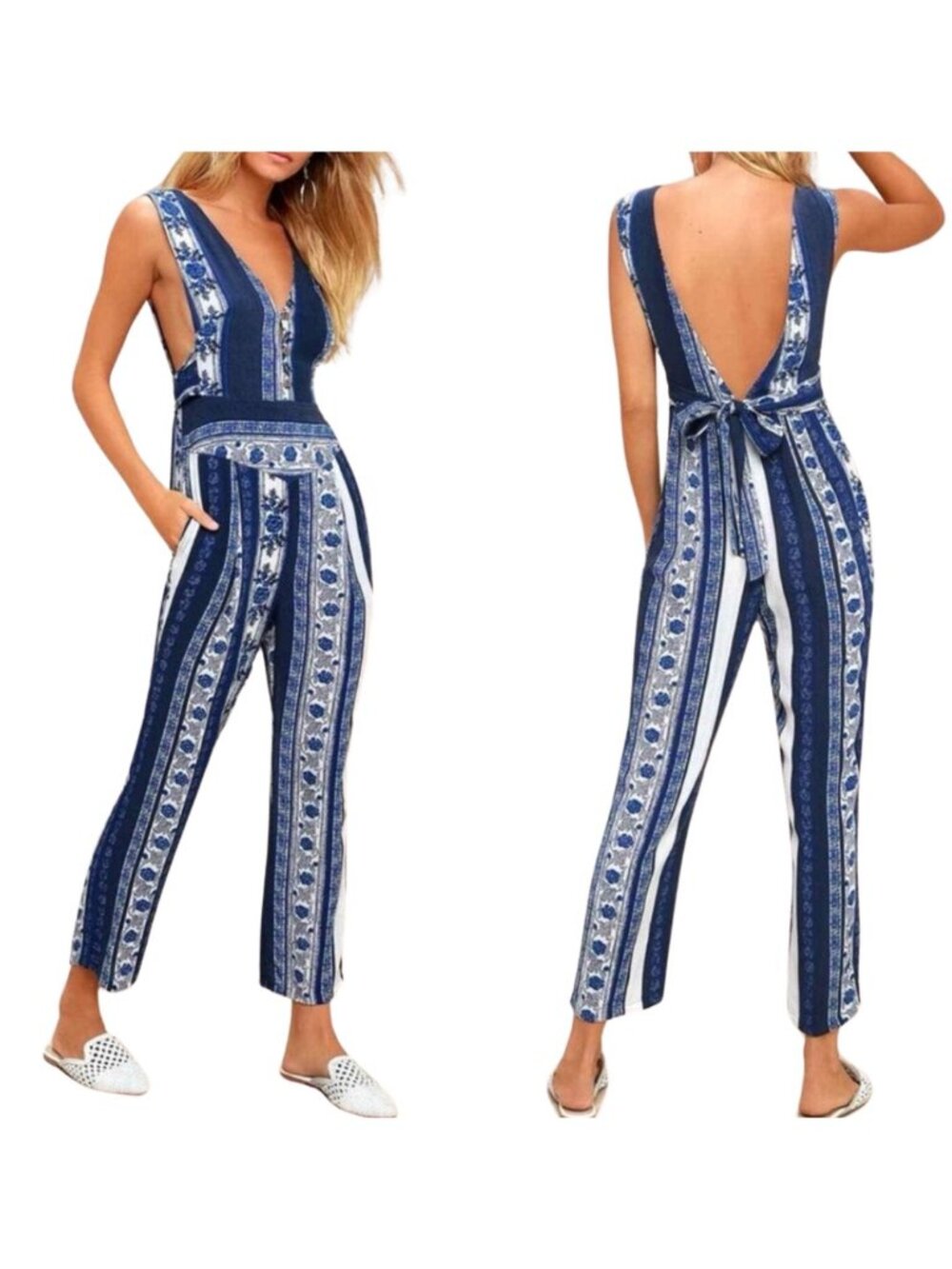 Free People All Shook Up Blue Print Jumpsuit Sz 0 Sleeveless Bohemian Resortwear
